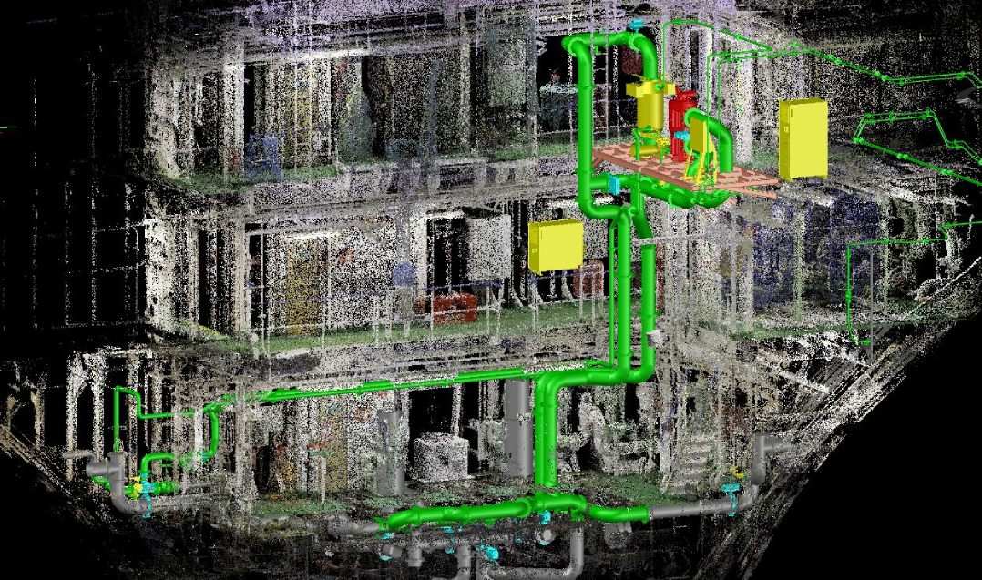 3D point cloud representation of a building's internal structure, highlighting the detailed piping system