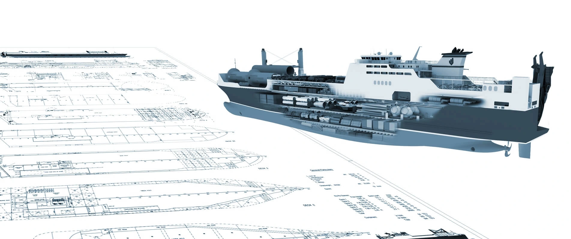 Detailed schematic design of a ship alongside a 3D cross-sectional model that reveals the internal layout