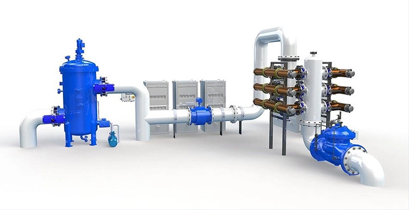 3D model of an industrial pipeline with a filtration unit and various valves, designed for fluid management and control in a process industry setting